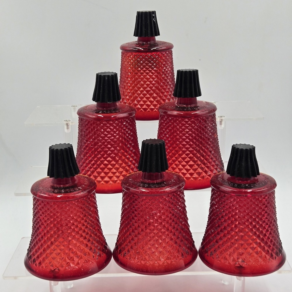 6 Vtg Will & Baumer Ruby Red Diamond Point Glass Peg Votive Candle Holder MCM